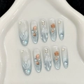 Unghie finte fatte a mano stile oceano eye-cat con perle 3D e decorazioni a conchiglia - XS / Stile Ovale Lungo 3001