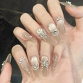 Uñas postizas ojo de gato elegantes con mariposa de cristales y perlas forma almendra - XS / 3063-Ovalado Largo