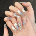 Blue floral press-on nails with cat-eye pink base and 3D rhinestone crystal accents - XS / Long Oval (3061)