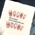 Uñas postizas artesanales ojo de gato fresa con fruta 3D de resina y lunares rojos - XS / Ojo de Gato Fresa Cremosa (W115)