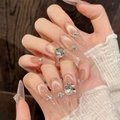 Ice tea champagne cat eye long press-on nails with luxury rhinestones and jelly pink finish - XS / Slim Stiletto (3108)