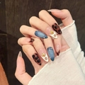 Handmade almond press-on nails with leopard print, blue cat-eye effect and gold accents - XS Extra Small / Nude Pink Blue Leopard Mix