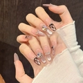 Pink cat eye almond press-on nails with black plaid patterns and bow decorations - XS Extra Small / Pink Brown Cat Eye Checkered
