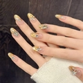 Unghie finte sfumate con glitter dorati, strass argentati e cristalli blu - XS / Stile Ovale Corto (574-短椭圆)