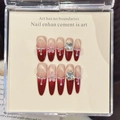 Red gradient press-on nails with 3D floral accents and sparkling rhinestone details - XS / Long Oval