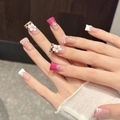 Rosa Ombré-Sargnägel mit 3D-Kirschblüten, Leopardenmuster und weißer französischer Spitze - XS Extra Klein