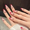 Uñas postizas artesanales rojas y blancas estilo francés con copos de nieve para Navidad - XS / Estilo Almendra (3156)