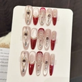 Uñas postizas hechas a mano en color burdeos y nude con efecto ojo de gato y pedrería - XS / Estilo Ojo de Gato Francés Rojo Vino - Óvalo Largo (600)