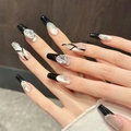 Handmade long trapezoid press-on nails with black French tips and cat-eye glitter crystals - XS / Long Coffin Style (623-长梯)
