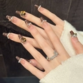 Uñas postizas trapezoidales largas con estampado de leopardo, perlas y lazos 3D - XS / Estilo Ataúd con Lazo Francés Marrón (3143---中梯)