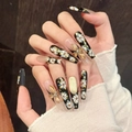 Handmade long coffin press-on nails with vintage gold flowers and black glitter floral art - XS / Long Coffin