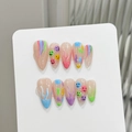Unghie finte press-on arcobaleno con faccine sorridenti e graffiti colorati a mano - XS / 204-Forma a Mandorla