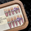Pink and purple gradient cat eye press-on nails with luxury rhinestones and pearls - XS / Extra Long Coffin Shape