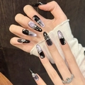 Unghie finte occhio di gatto nero e viola con cristalli e micro catene di perle - XS / 3186-Ovale Lungo