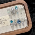 Ice Queen luxury handmade press-on nails with blue crystals and full diamond zircon gems - XS / Ice Queen (Long Stiletto)