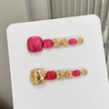 Sparkly rose red cat eye and gold glitter press-on toenails on a display card - S / Rose Red And Gold Combination (B74)