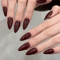 Uñas postizas largas tipo almendra en color burdeos brillante con acabado de espejo - XS / Uñas de almendra brillantes de color borgoña (240)