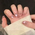Pink cat eye handmade press-on nails with rhinestone butterfly and V-shaped crystal accents - Short Coffin Style (1145-短梯)