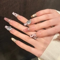 Faux ongles faits main avec effet œil de chat rose et strass brillants décoratifs - XS / Style Cercueil Extra Long (1546)