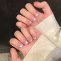 Pink cat eye press-on nails with 3D rhinestone butterfly and silver bead accents - Super Short Coffin Style (1231-超短梯)