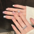Uñas postizas French rosa nude con brillo plateado y elegantes detalles de diamantes - XS / Nuevo Estilo Cuadrado Moderno (1098)