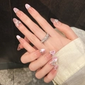 Uñas postizas almendradas rosa ojo de gato con mariposa plateada y detalles de strass - XS / Ovalado Mediano