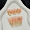 Unghie finte cat-eye rosa scintillanti con farfalla dorata e decorazioni in zircone - XS / Stile Ovale Medio (174)