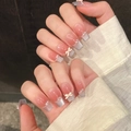Unghie finte occhio di gatto rosa con fiocco 3D e glitter, forma squadrata ovale - XS / 10-Bara Corta