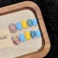 Set unghie finte corte quadrate con giallo, blu e glitter di paillettes sirena - XS / 191-Corto Tondo