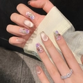 Unghie finte fatte a mano effetto cat-eye con fiori 3D e dettagli in strass - XS / Nuovo stile quadrato medio (1809)