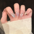 Uñas postizas de trapecio largo ojo de gato con líneas plateadas y pedrería - XS / Estilo Ataúd Medio (1113)