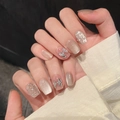 Champagne cat-eye press-on nails with silver bow rhinestones and grid crystal accents - XS / Short Square Style (1108)
