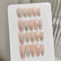 Unghie finte Cat-Eye rosa e ciano con farfalle 3D, fiori bianchi e perle - XS / Bara Corta (238)