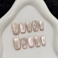 Unghie finte champagne cat-eye con decorazione di bambù e strass scintillanti - XS / Oro Champagne Occhio di Gatto (530-Nuovo Cinese)