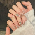 Unghie finte cat-eye sfumate rosa e verde oliva con decorazioni in strass 3D - XS / 346-Medio Ovale