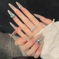 Μακριά stiletto τεχνητά νύχια με μπλε τετράγωνες πέτρες και πολυτελή στρας λάμψης - XS / Εξαιρετικά μακριά μυτερή άκρη