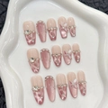 Unghie finte fatte a mano occhio di gatto rosa nude con farfalla e perle preziose - XS / Bara Media (680)