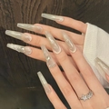 Champagne gold cat eye press-on nails with silver bamboo motifs and rhinestones - XS / Champagne Gold (629-Coffin)