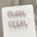 Unghie finte fatte a mano viola cat-eye con petali 3D, perle e cristalli lucidi - XS / 326-Ovale Medio