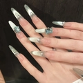 Luxury long almond press-on nails with blue gems and silver cat-eye shimmer effect - XS / 1496-Smooth Stiletto