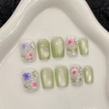 Unghie finte fatte a mano effetto cat-eye verde menta con fiori secchi e strass lucidi - XS / Ballerina Extra Corta (176)