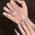 Handmade almond press-on nails with silver cat eye glitter and large square rhinestones - XS / Long Stiletto (1264)