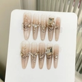 Caramel cat eye press-on nails with metal butterfly, rhinestones and pearls on card - XS / Long Stiletto (1324)