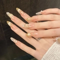 Uñas postizas artesanales ojo de gato sirena con purpurina, perlas y degradado amarillo - XS / Óvalo Largo