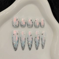 Uñas postizas aurora metálicas con líneas 3D plateadas y detalles de perlas - XS / Aurora de Mercurio