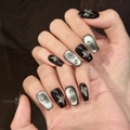 Handgemaakte coffin nagels met cat-eye effect, zilveren sterren en parel decoratie - XS / 1243-Short Coffin