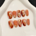 Set de uñas postizas ámbar marmoleado con pan de oro y líneas metálicas doradas - XS / Patrón de Mármol Naranja Ámbar (1949-Ovalado Corto)