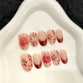 Uñas postizas con rosas de acuarela pintadas a mano y puntas francesas rojas con brillo - XS / Ovalado Corto (270)