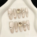 Set unghie press-on effetto cat-eye champagne con strass e gemme a forma di cuore - XS / Stile Occhio di Gatto Oro Champagne (1552-Long Oval)