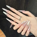 Unghie stiletto lunghe con sfumatura rosa aurora, fiori 3D e decorazioni a fiocco - XS